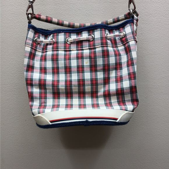 Vintage Tommy Hilfiger Plaid Drawstring Bucket Bag Shoulder Y2K Purse Red White - Picture 3 of 10
